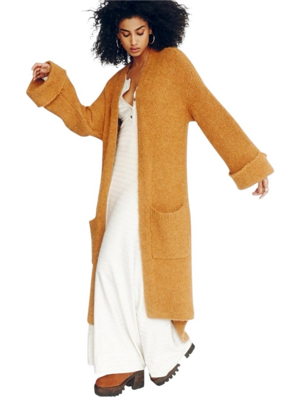 FREE PEOPLE “Live In Tokyo” Chestnut Camel Open Front Maxi Cardigan Sweater